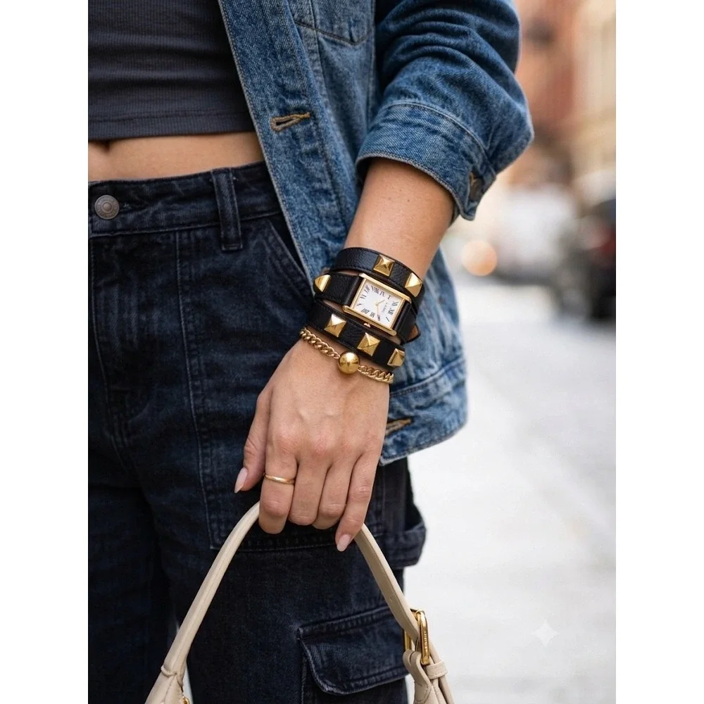 La Mer Collections Gold Studded Black Leather Wrap Watch by Martine Ilana